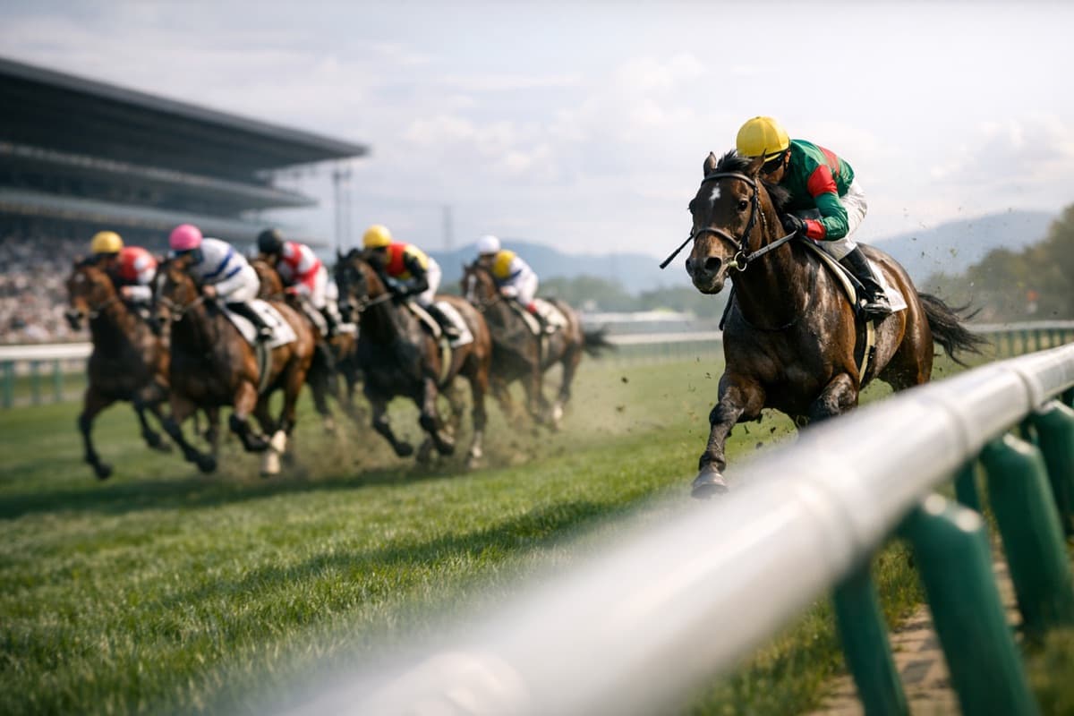 芝コースの最後の直線で、大外から一頭だけ抜け出してくる競走馬